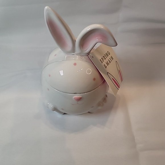 White Rabbit w/ Pink Spots Small Ceramic Jar Cookie Snack Storage - Picture 2 of 5